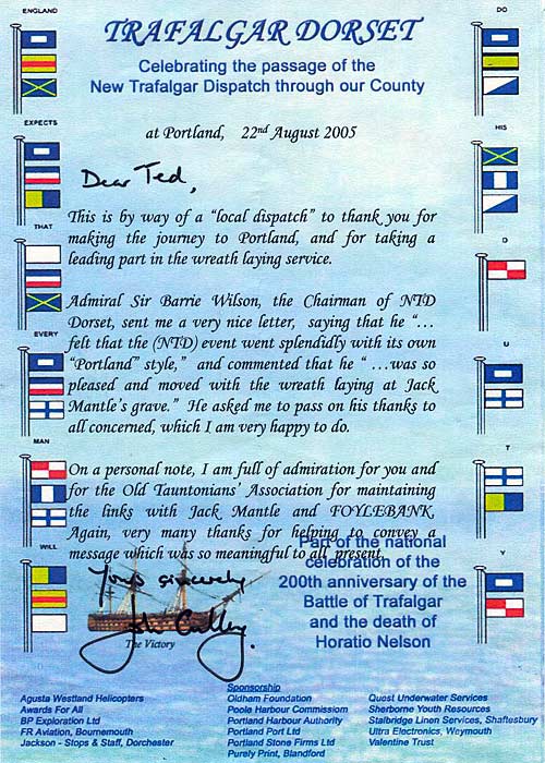 Letter of thanks to Ted Colenutt and the Old Tauntonians' Association for their part in Trafalgar Dorset
